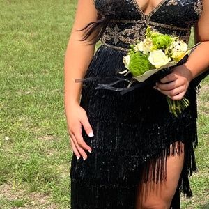 Sherri Hill Black Beaded Fringe Prom Homecoming Dress